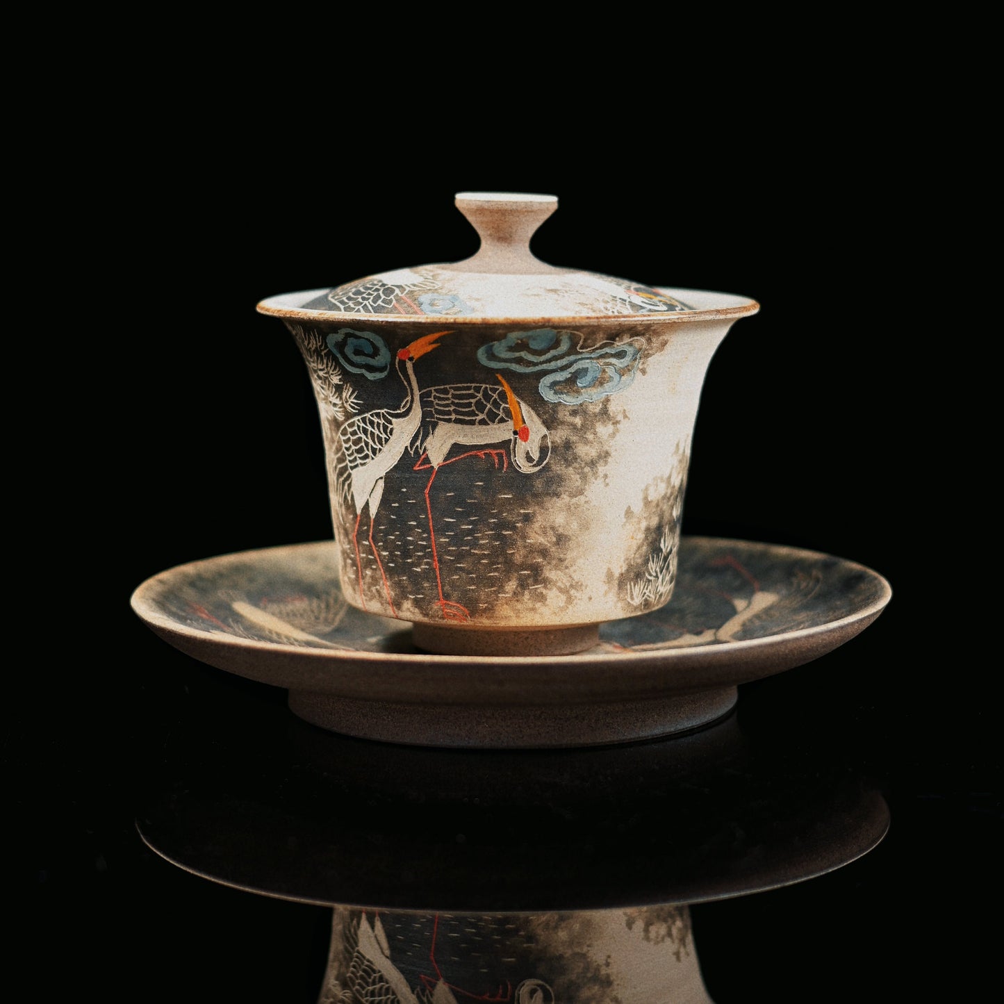 Jingdezhen Hand-Carved and Hand-Painted Cranes Gaiwan Set