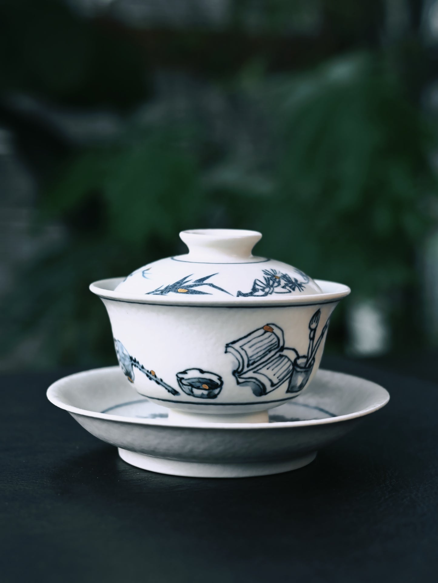 Jingdezhen Handcrafted Blue-and-White 'Scholar's Treasure' Three-Piece Gaiwan Set