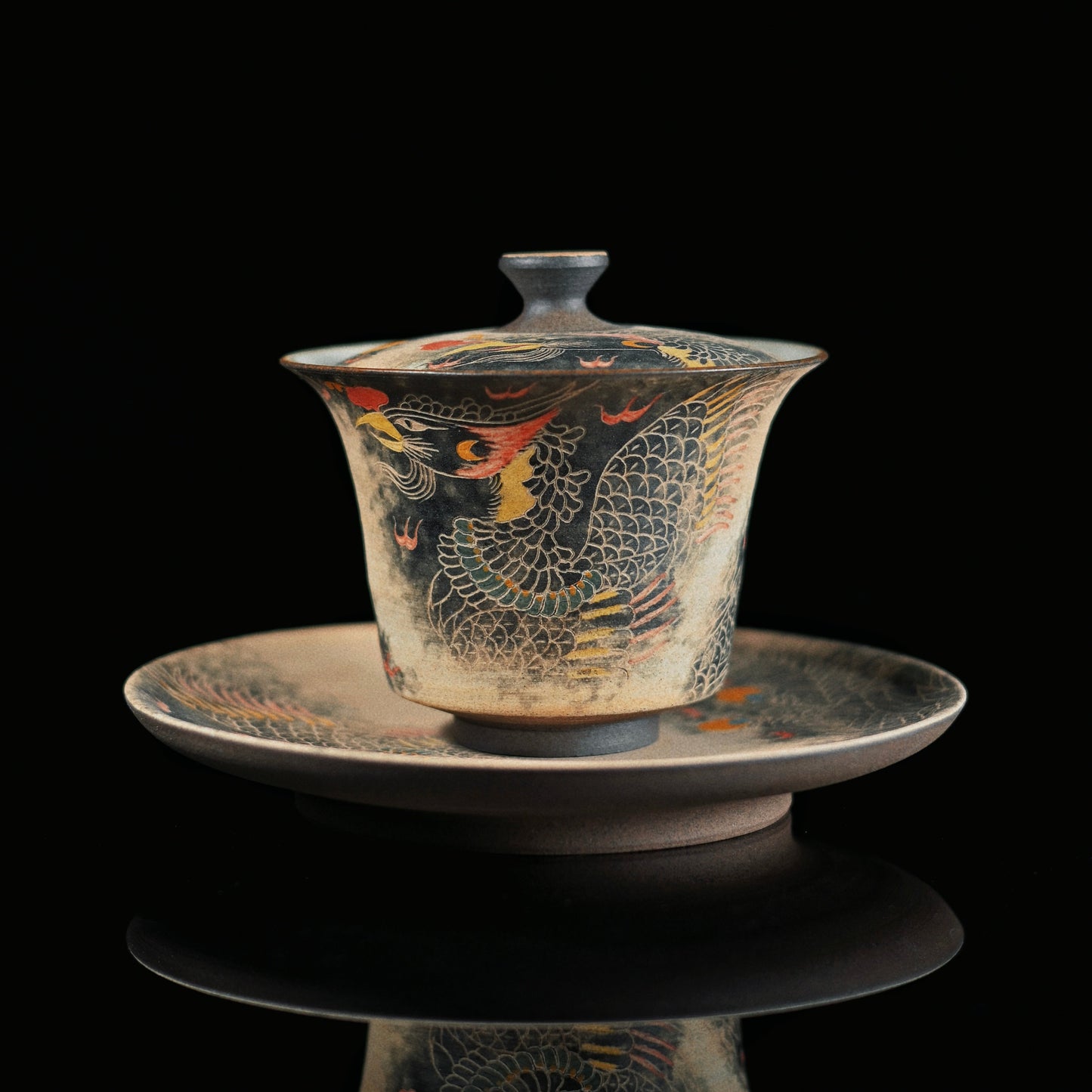 Jingdezhen Phoenix Rising Hand-Painted Clay Gaiwan Set