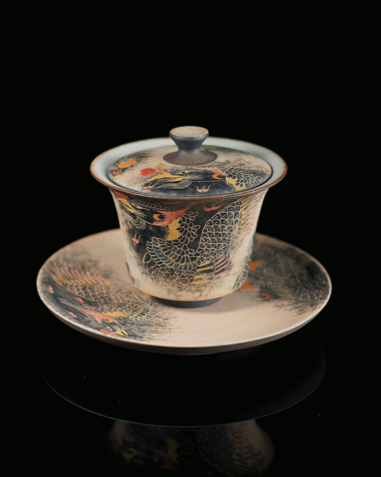 Jingdezhen Phoenix Rising Hand-Painted Clay Gaiwan Set