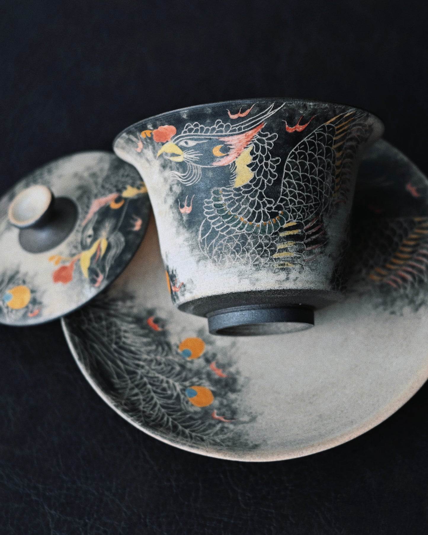 Jingdezhen Phoenix Rising Hand-Painted Clay Gaiwan Set