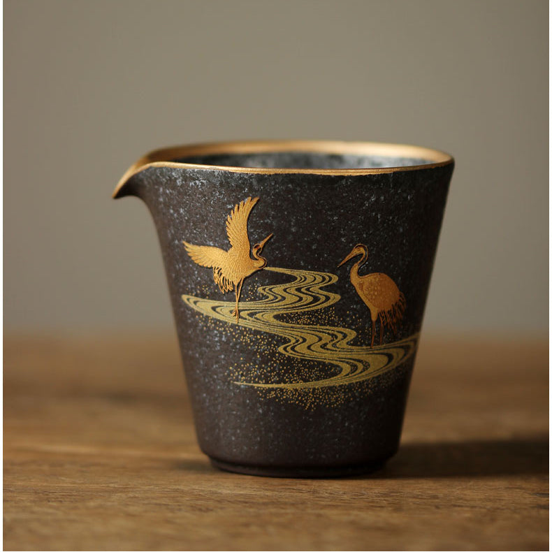 Jingdezhen Handmade Vintage Gilded Double Crane Gaiwan