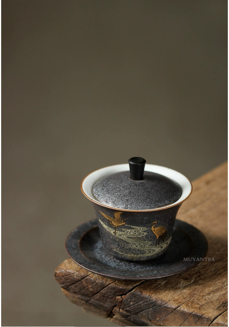 Bring Tradition Home: Vintage Gilded Double-Crane Gaiwan