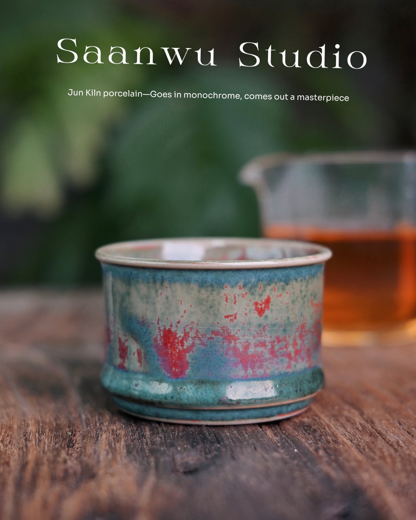 Handcrafted Jun ware bamboo shape teacup with magical green flambé glaze, horsehoof shape, and crackled texture for Chinese tea ceremony
