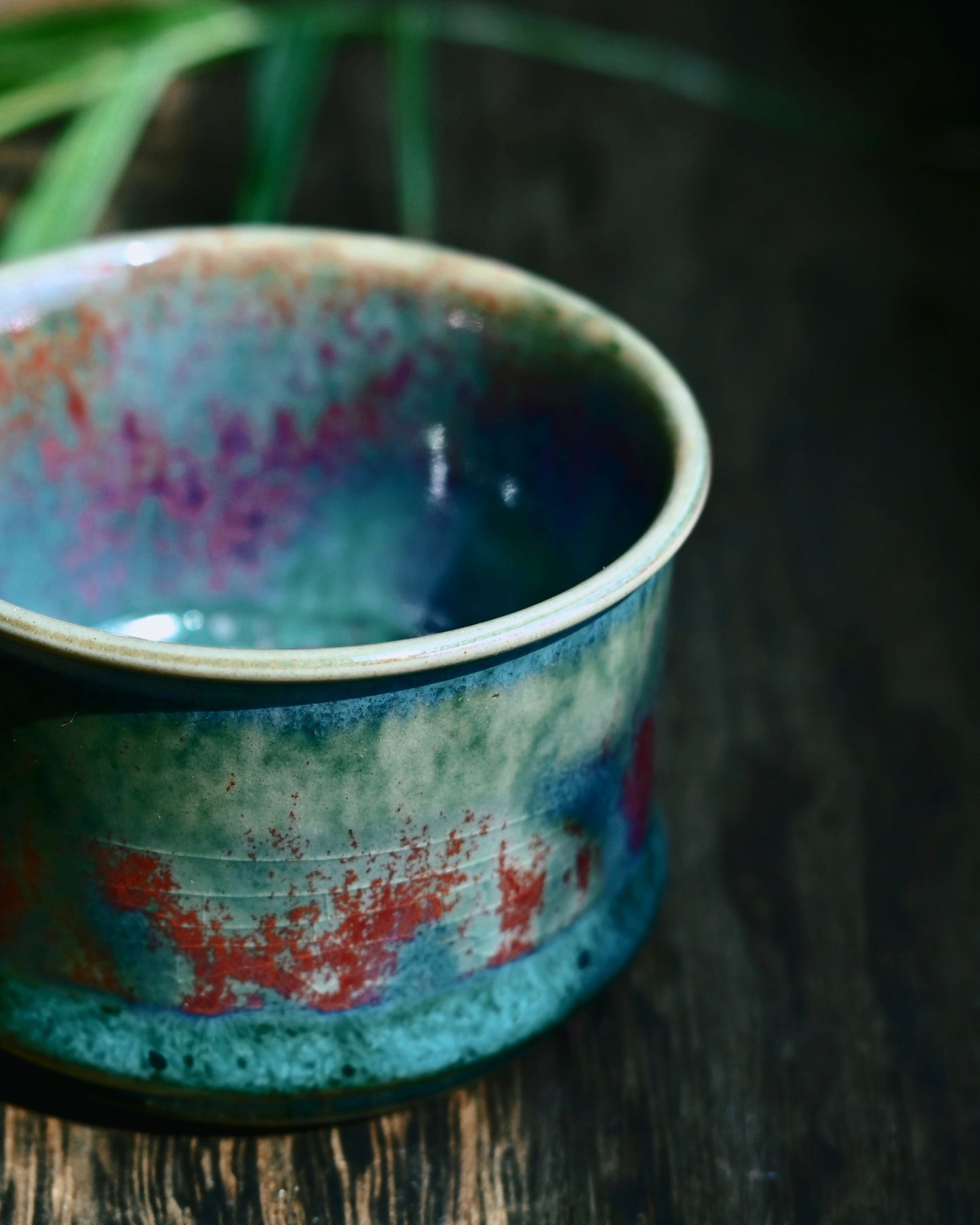 Handcrafted Jun ware teacup with magical green flambé glaze, horsehoof shape, and crackled texture for Chinese tea ceremony