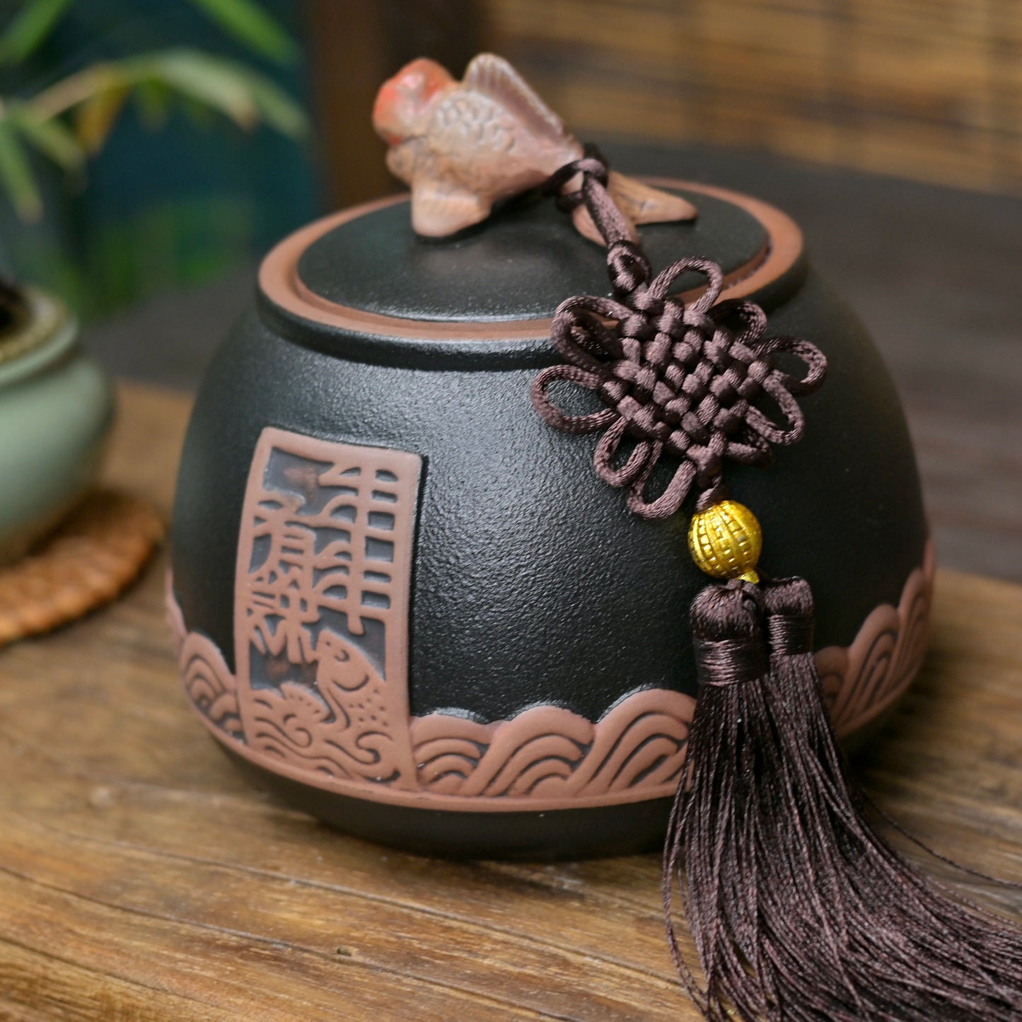 Chinese Style Retro Coarse Ceramic Tea Canister / Fish Pattern Tea Caddy