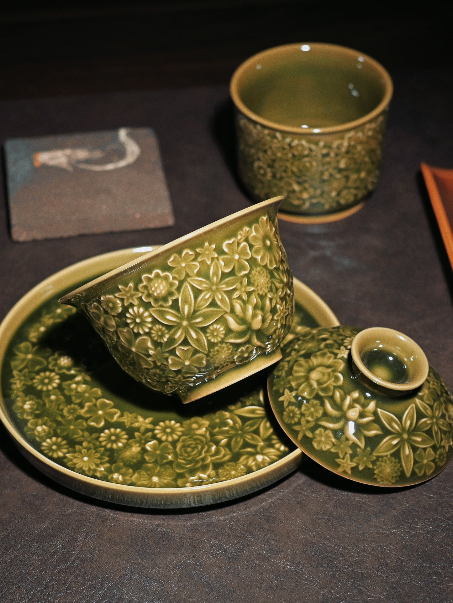 Longquan Celadon "Hundred Flowers" Relief-Carved Three-Piece Gaiwan Set