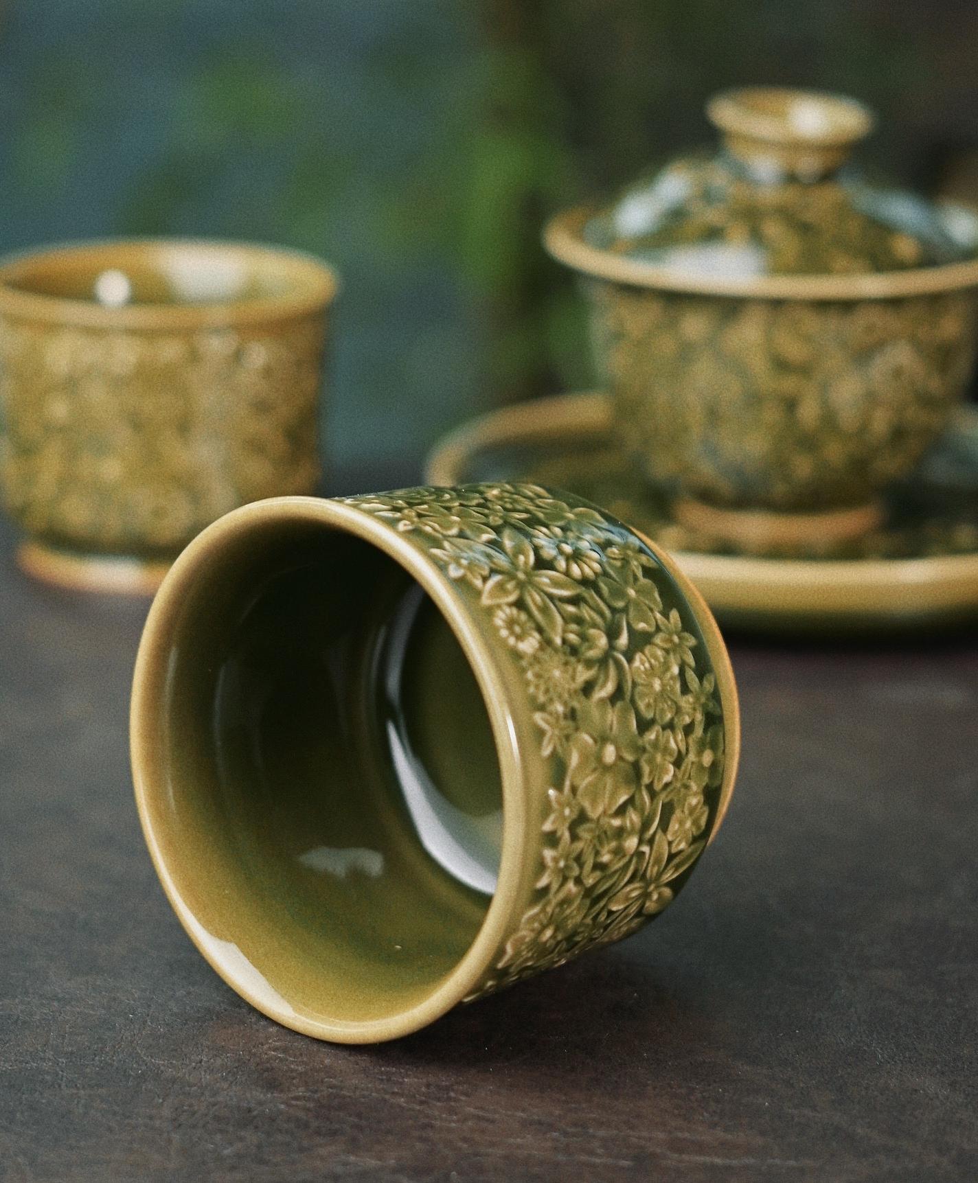 Longquan Celadon "Hundred Flowers" Relief-Carving Master Teacup
