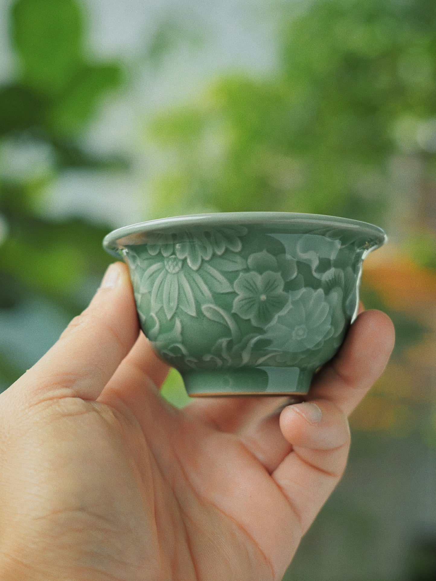Longquan Celadon Plum-Green Relief-Carved Flowers Press Hand Teacup
