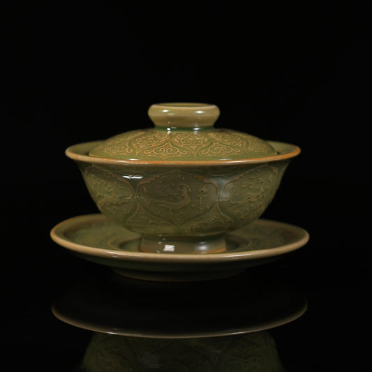 Longquan Celadon Vintage Glaze Relief-Carved Gaiwan Set