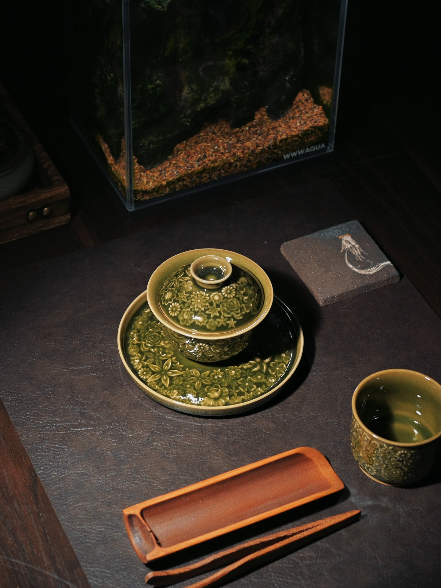 Longquan Celadon "Hundred Flowers" Relief-Carved Three-Piece Gaiwan Set