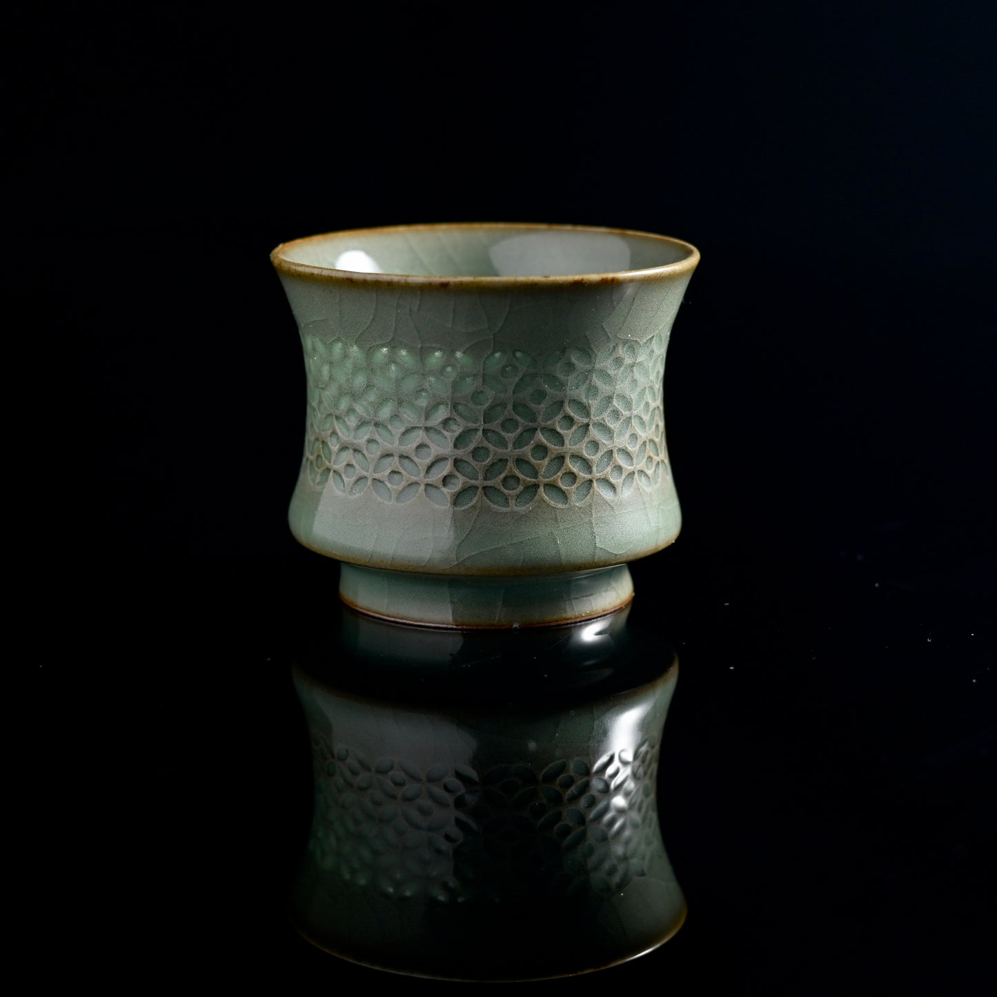 Unique Piece Longquan Celadon Handmade Underglaze Hollow-Carved Tea Cup( Linglong Tea Cup)