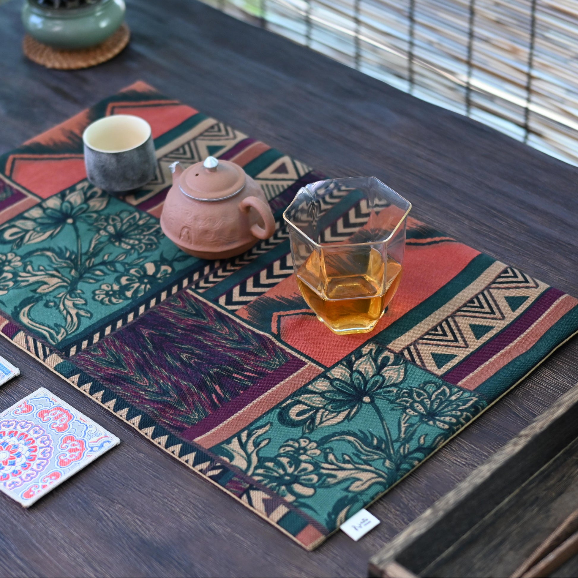 Practical and decorative absorbent tea table cloth in rustic linen cotton blend.