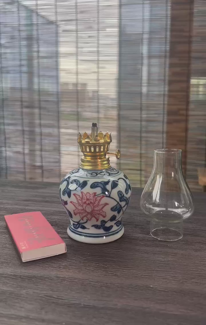 Blue and white with underglaze red decorative butter lamp for tea table aesthetic, cultural tea accessory