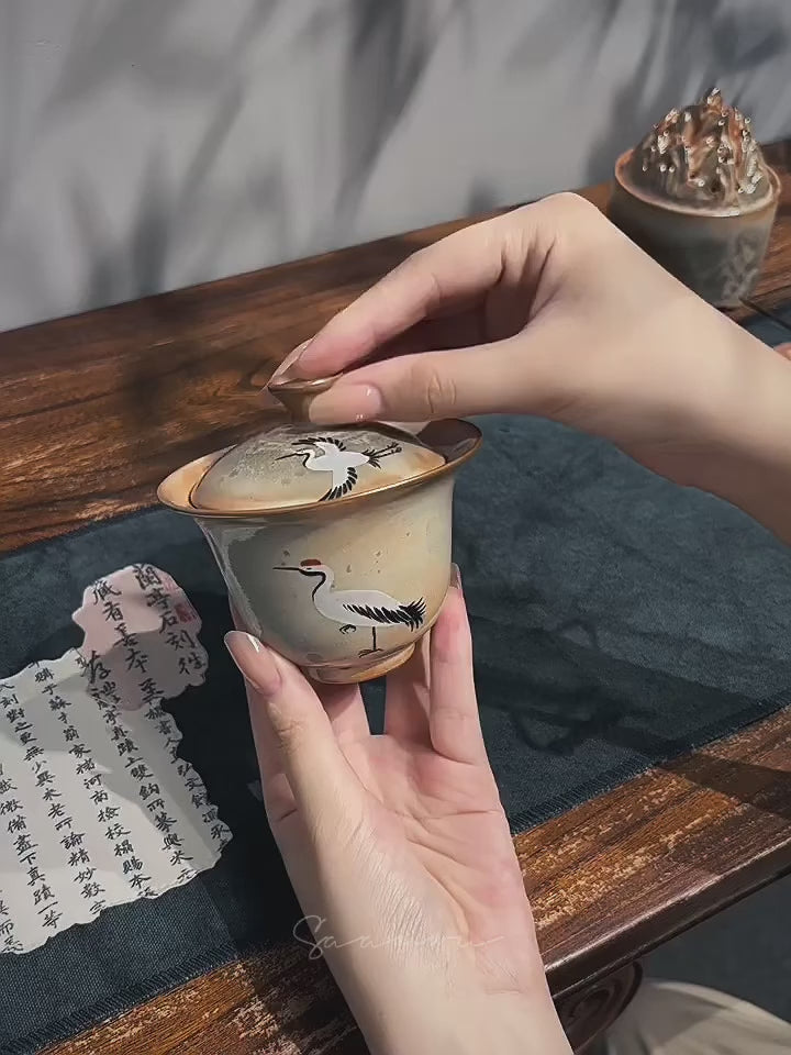 Saanwu Studion vintage gaiwan with hand painted cranes pattern for tea ceremony