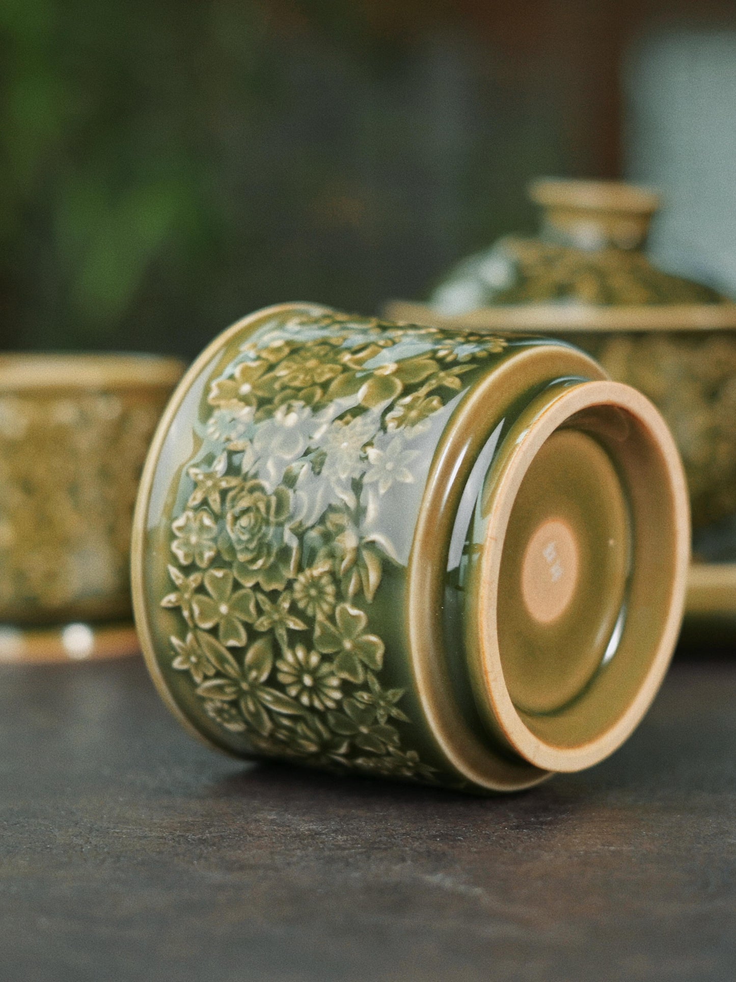 Longquan Celadon "Hundred Flowers" Relief-Carving Master Teacup