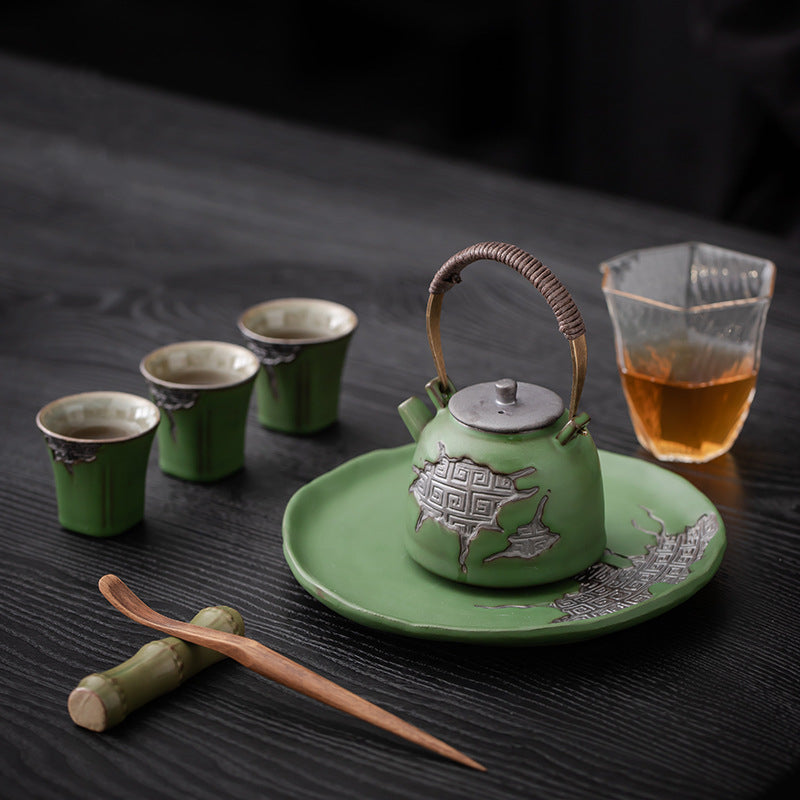 Vintage Coarse Pottery Teaware with Celadon Glaze