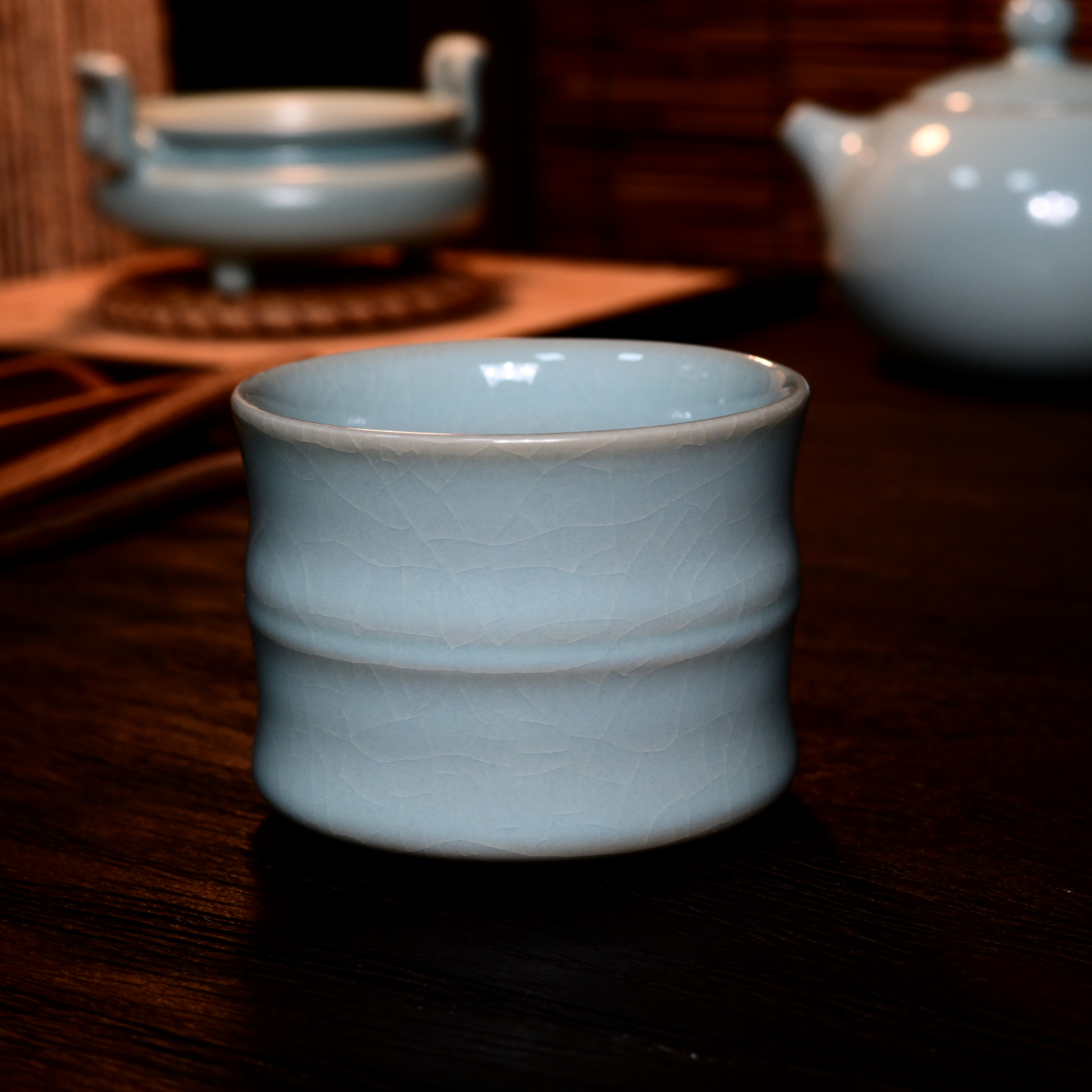 Saanwu Ru ware sky-blue glaze bamboo shape teacup for tea ceremony