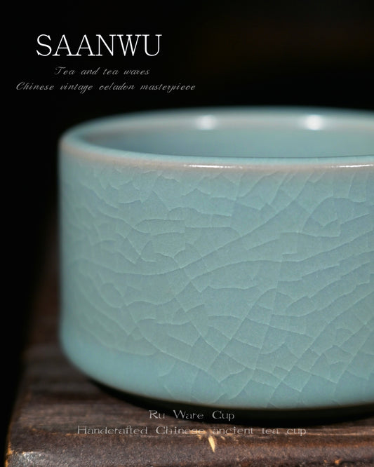 Ru‑kiln inspired porcelain teacup featuring natural crackle glaze texture, traditional oriental tea ware