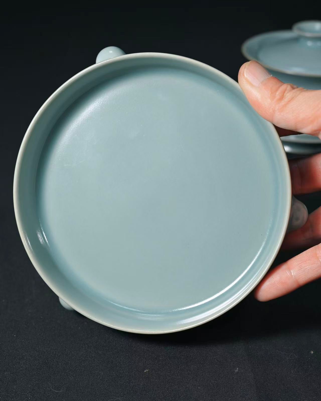 Versatile Ru ware triple stand serving as pot stand, incense holder, or display piece, with authentic pin marks and imperial celadon glaze.