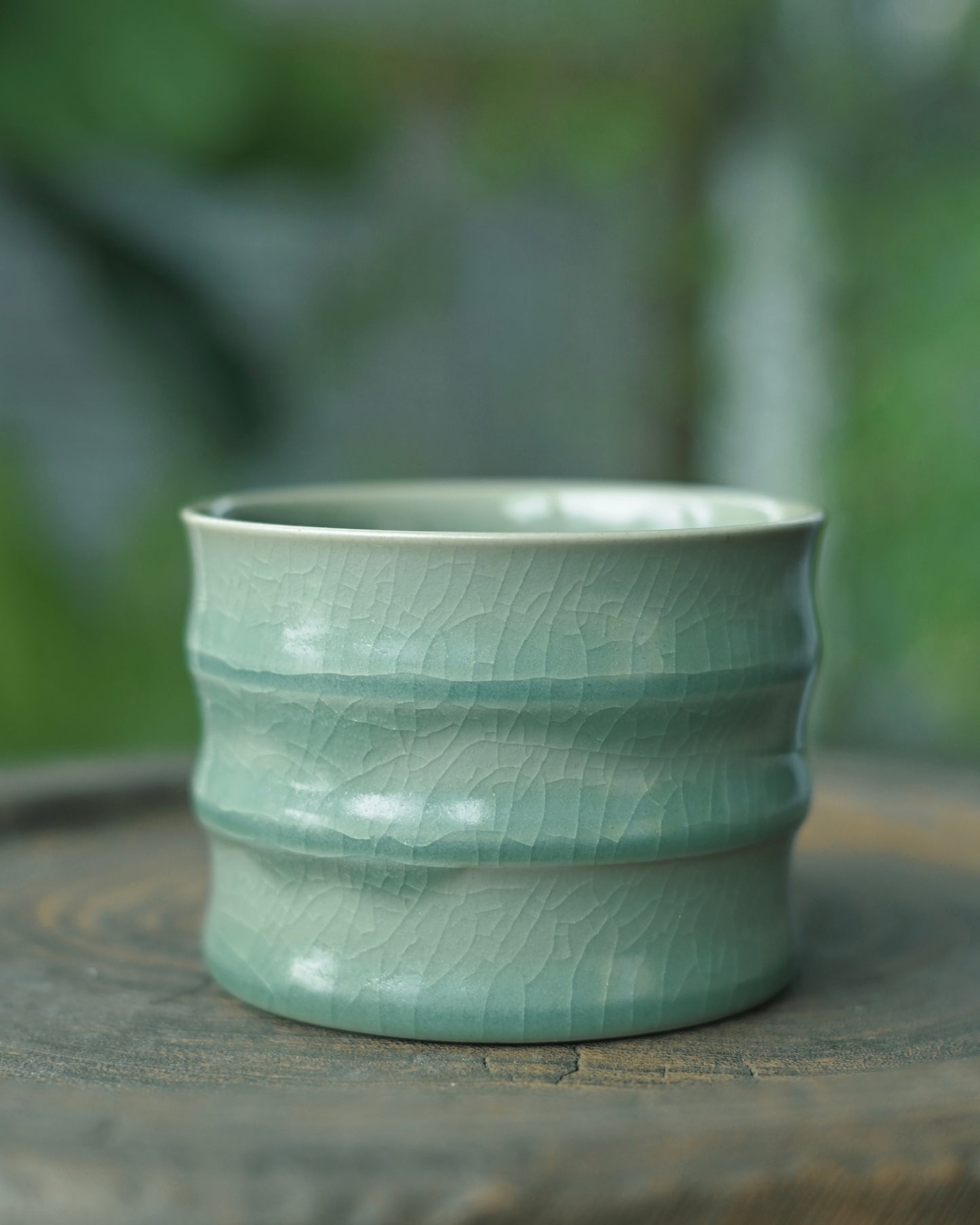 150ml Ru ware tea cup using traditional pin-firing method, with distinctive bamboo joint design and crackle glaze