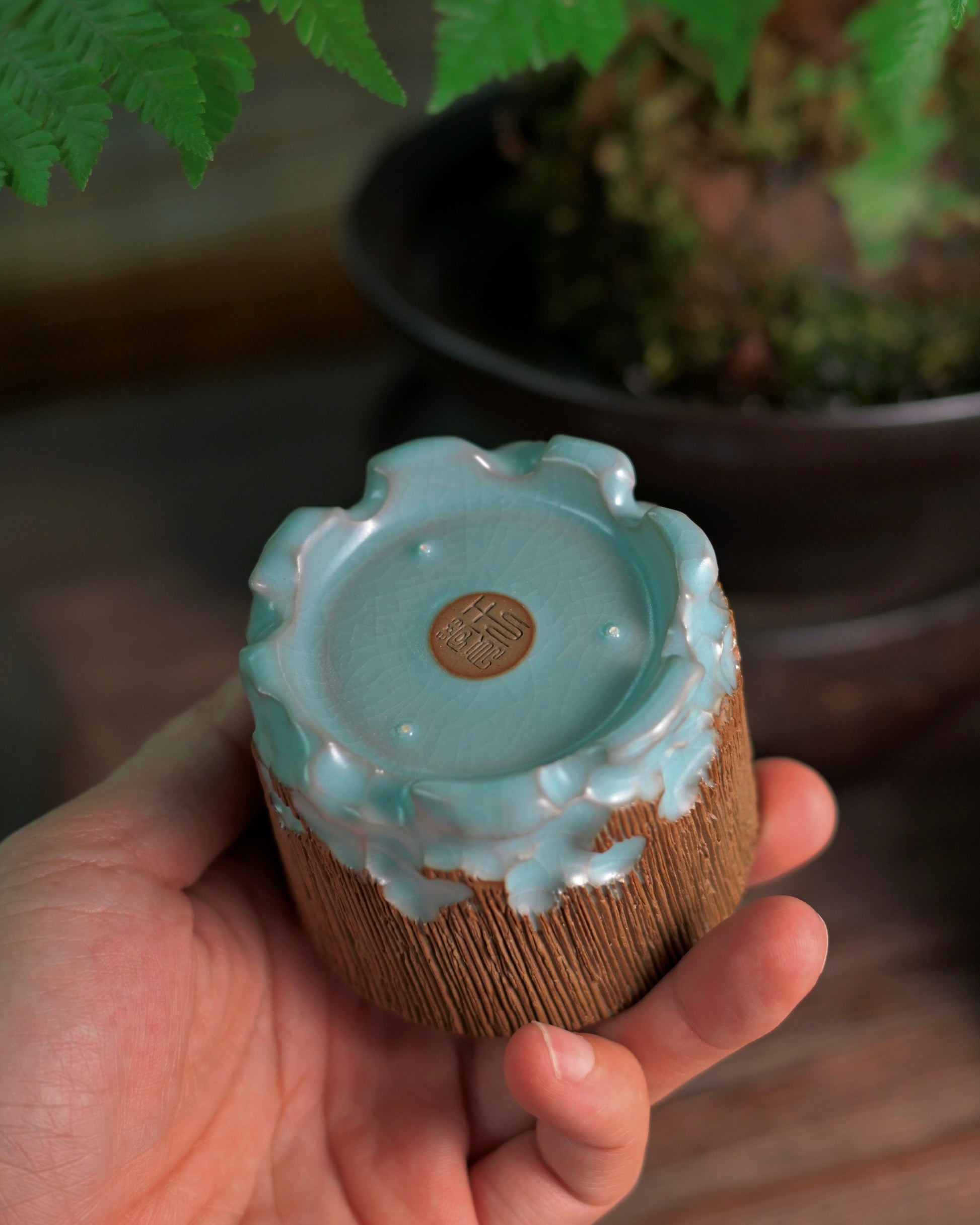 Beautifully crafted Ru Ware porcelain master cup, featuring a serene sky-blue glaze and traditional hand-carving techniques