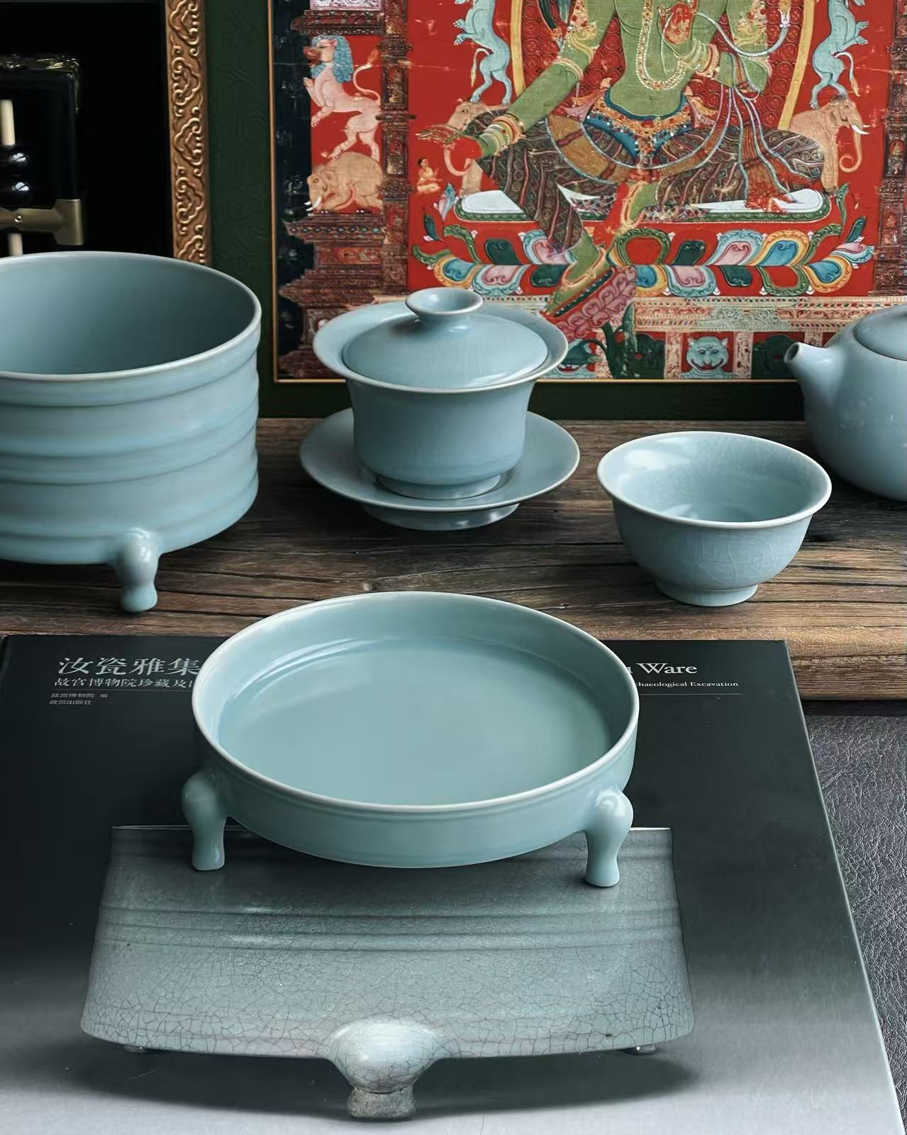Museum-grade Ru ware reproduction stand with documentation, showcasing crackle-free glaze and authentic firing techniques for discerning collectors.