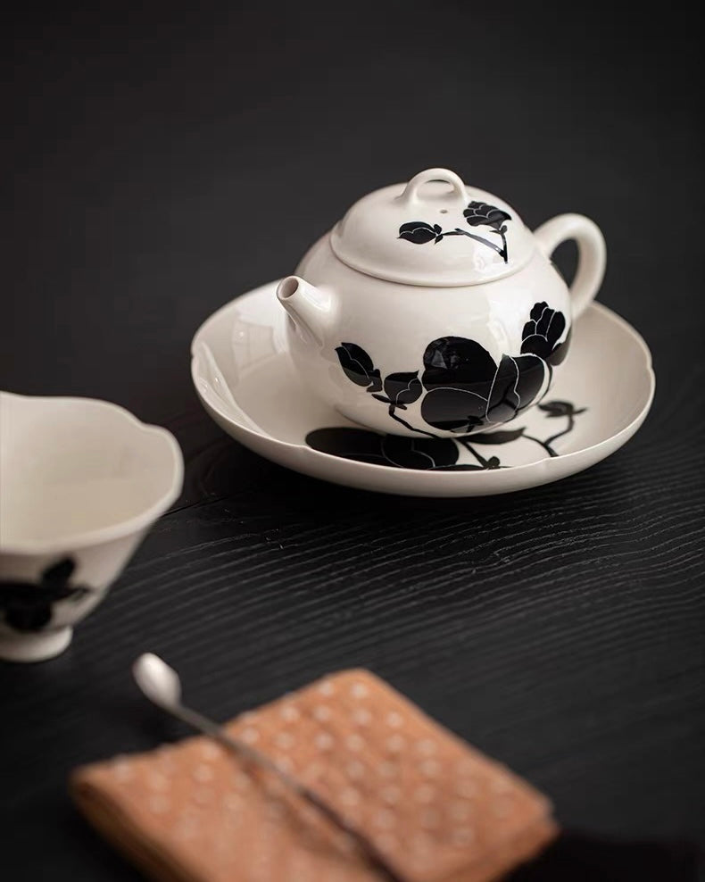 Rustic ash glaze teapot with traditional magnolia painting and contemporary form