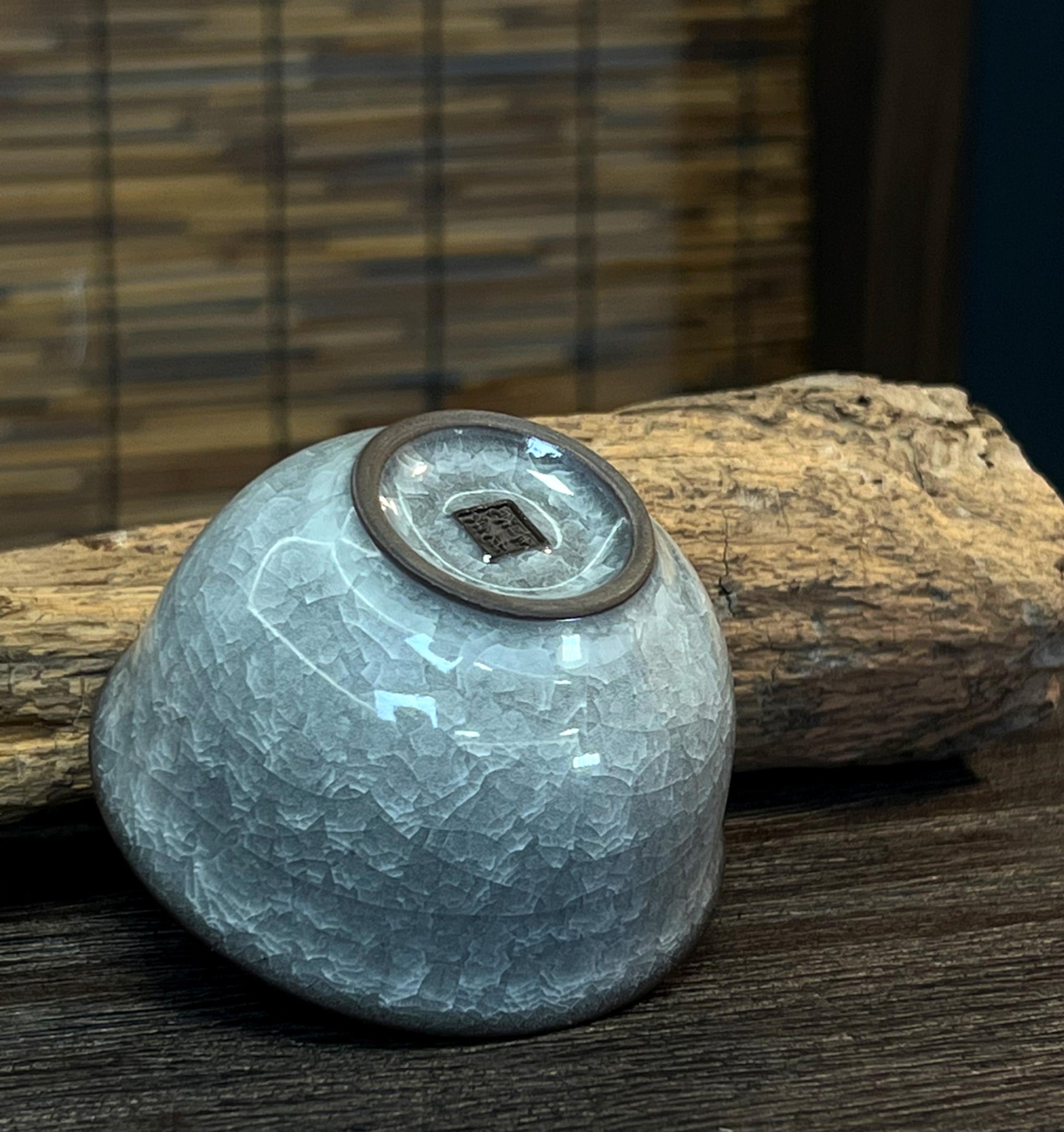 Saanwu Studio ceramic tea cup with Longquan celadon ice crackle glaze and traditional weighted bottom construction