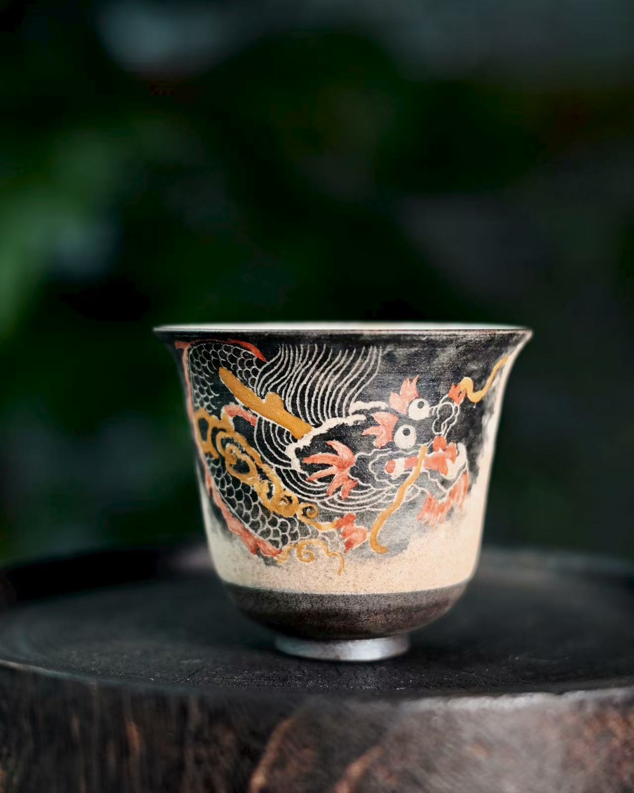 Imperial-style dragon tea cup, hand-sculpted in Jingdezhen using Qing Dynasty techniques by Saanwu Studio’s master potters.