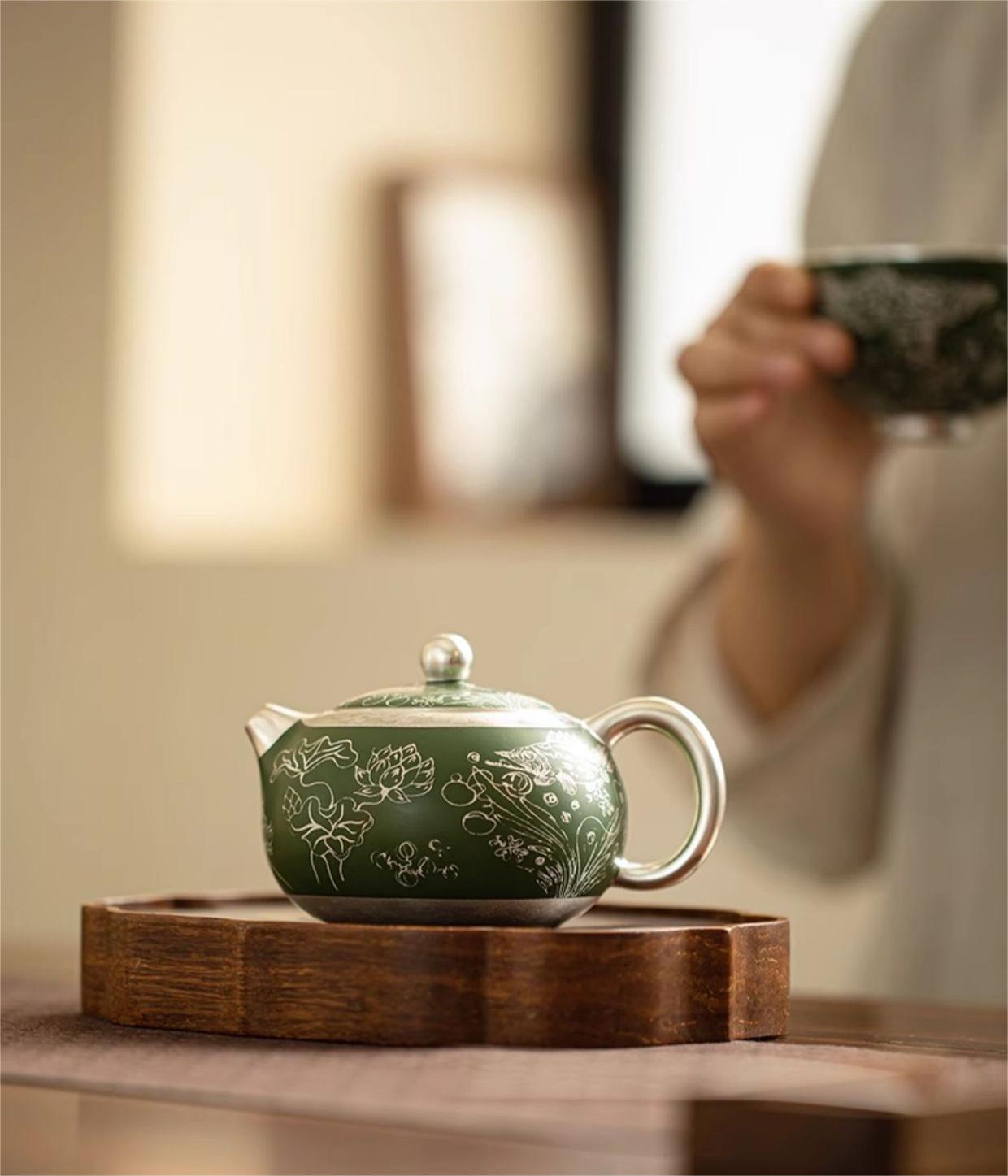 Dark Green Silver-plating Ceramic Teapot.