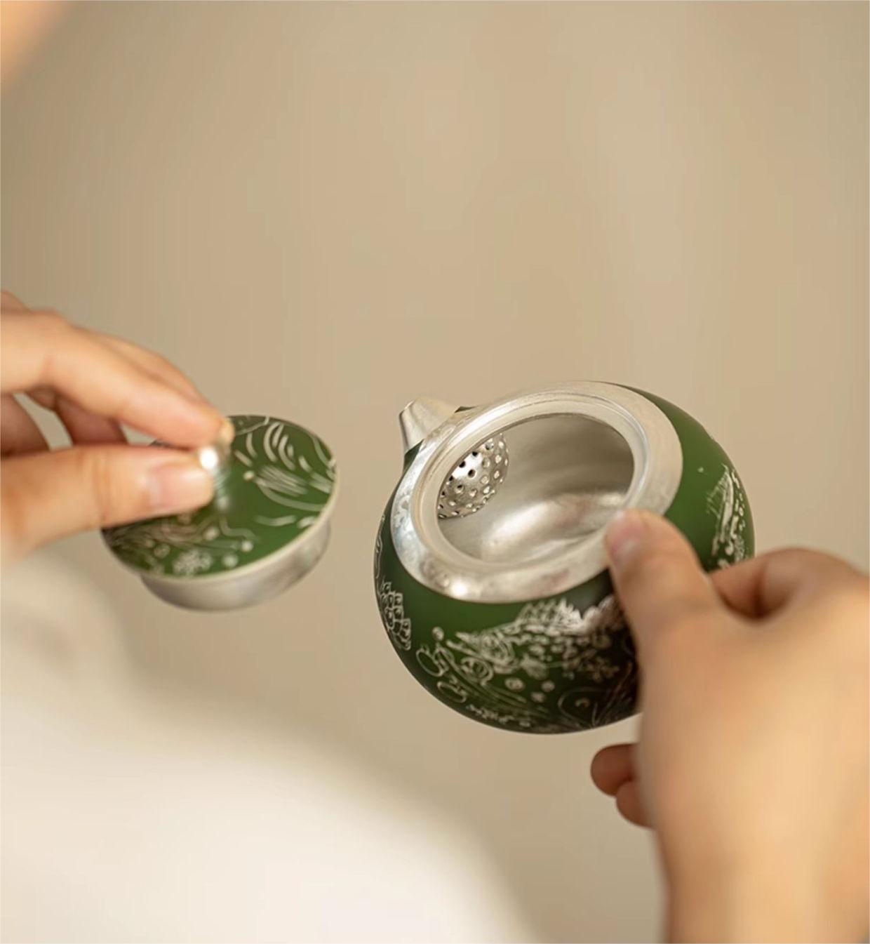 Dark Green Silver-plating Ceramic Teapot.