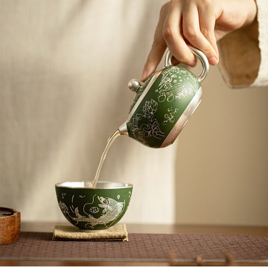 Dark Green Silver-plating Ceramic Teapot.