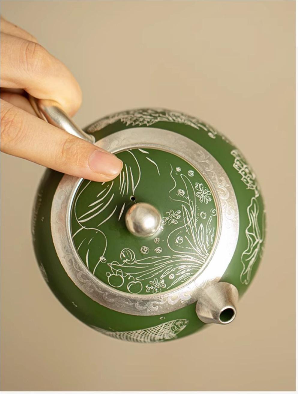 Dark Green Silver-plating Ceramic Teapot.
