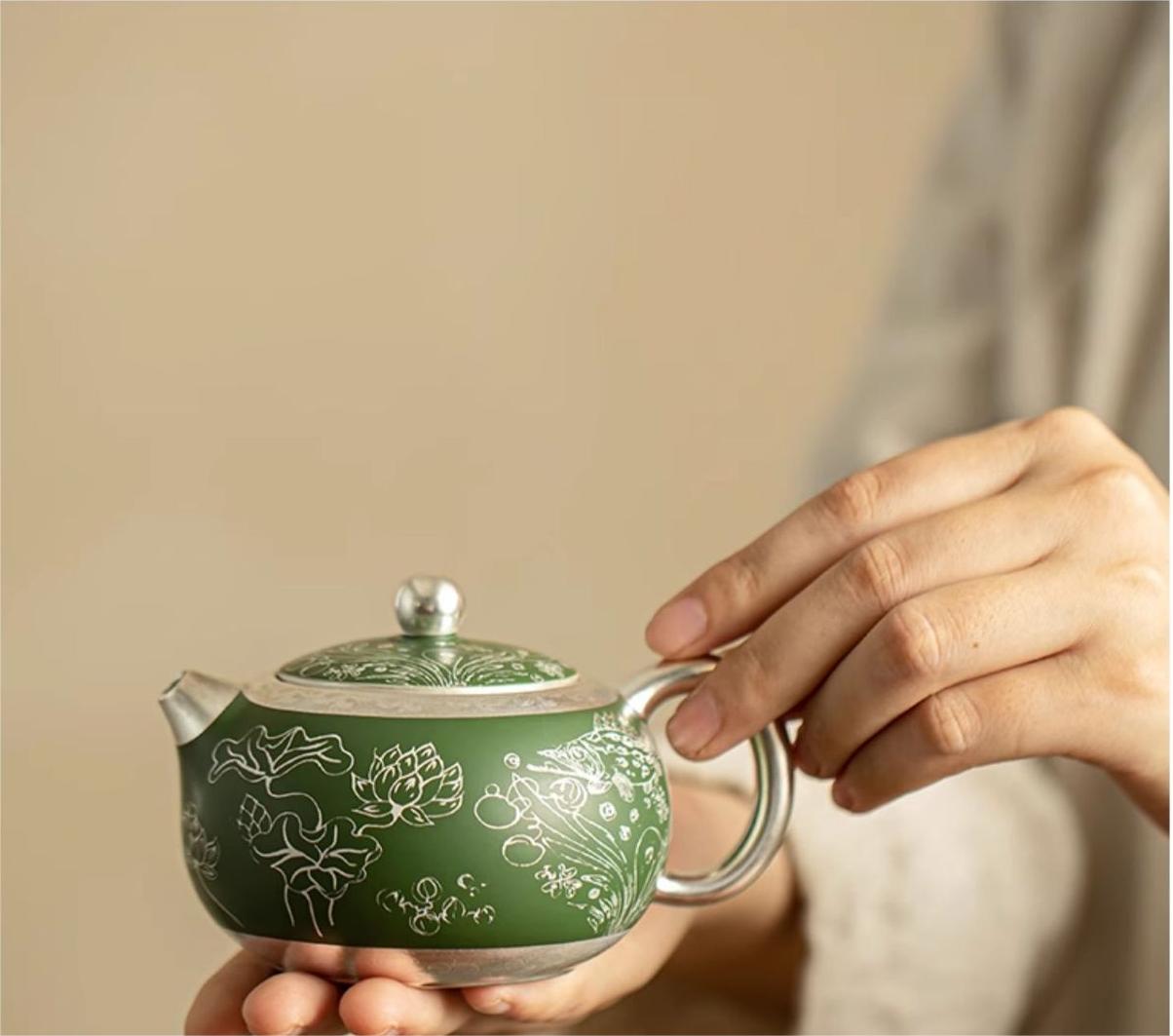 Dark Green Silver-plating Ceramic Teapot.