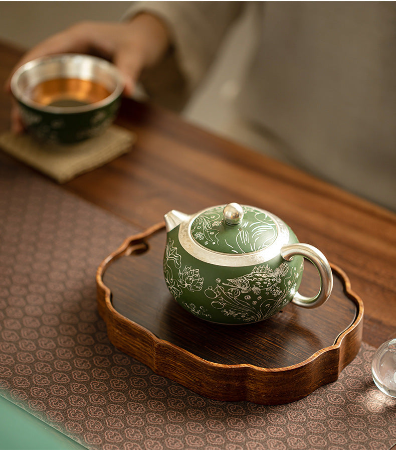 Dark Green Silver-plating Ceramic Teapot.
