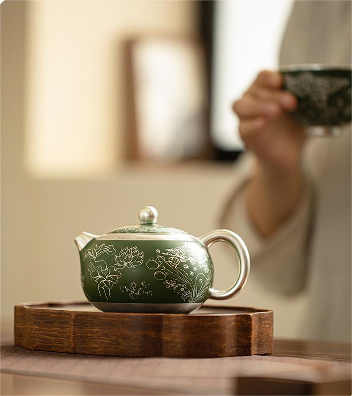 Dark Green Silver-plating Ceramic Teapot.