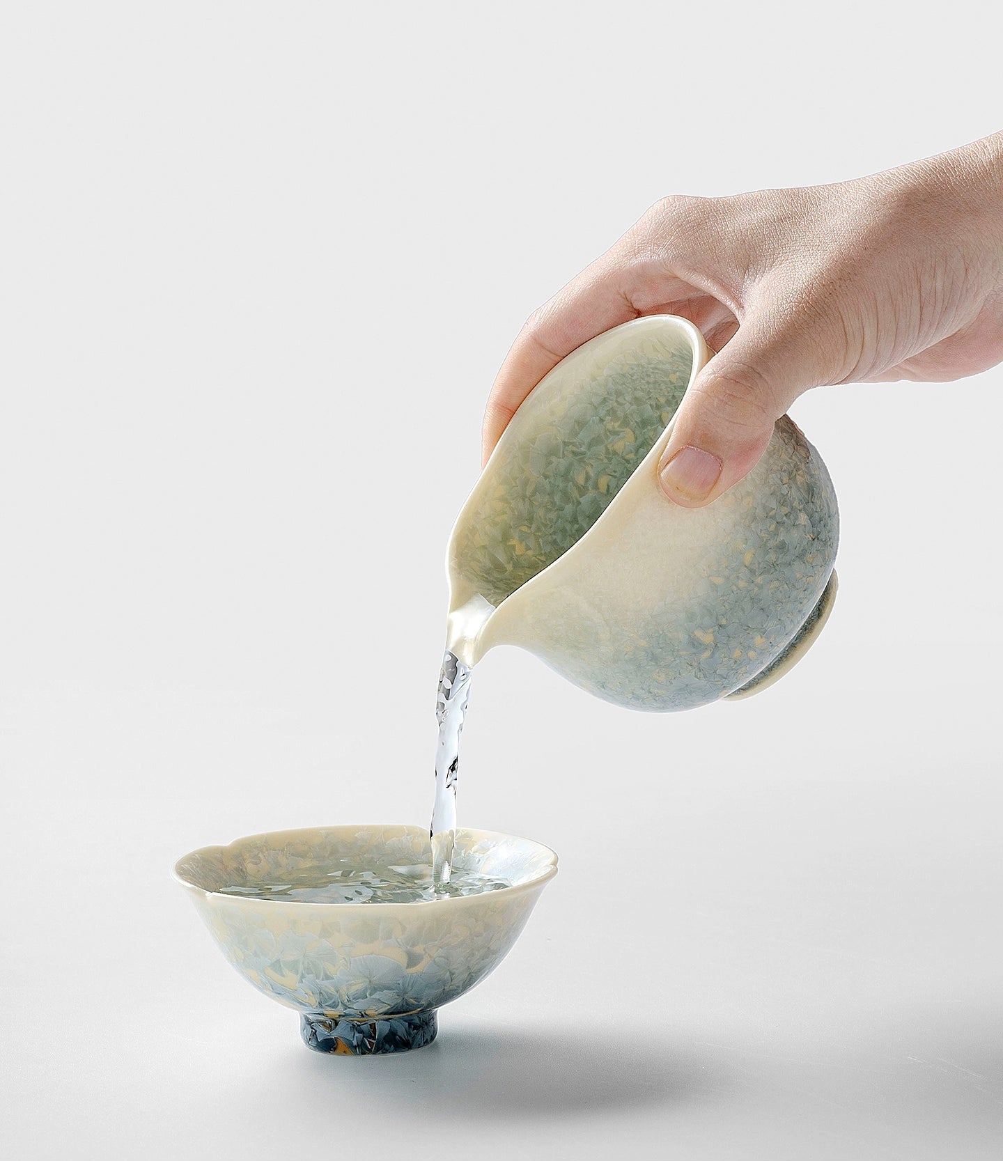 Smoky cyan glaze Chinese teapot and teacup, kiln-change crystal ice flower series