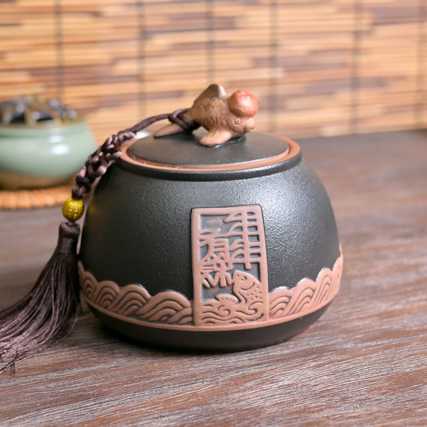 Chinese Style Retro Coarse Ceramic Tea Canister / Fish Pattern Tea Caddy