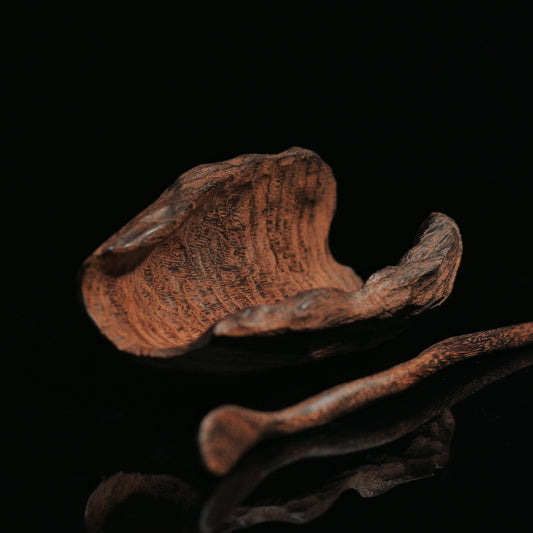 Wabi-sabi style handmade tea scoop (chá hé) from natural iron wood for pre-brewing tea preparation