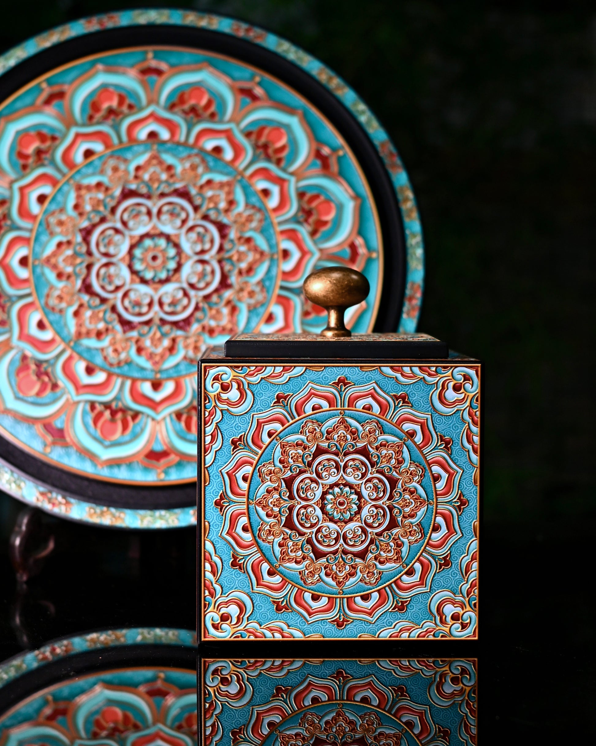 Oriental style tea tray featuring Dunhuang mural inspired artwork on bamboo charcoal fiber