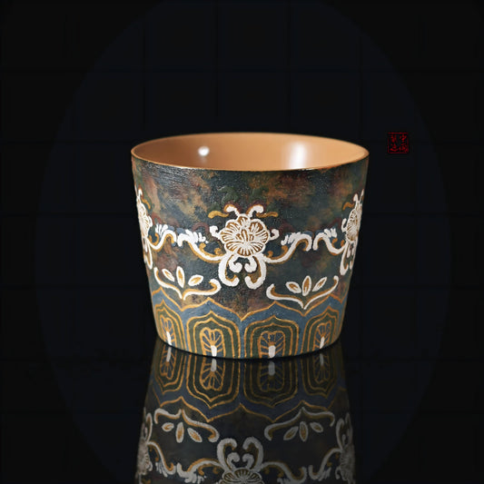 Hand-painted Dunhuang mural style teacup using natural mineral pigments, Jingdezhen handmade with antique finish, large capacity suitable for tea or coffee.