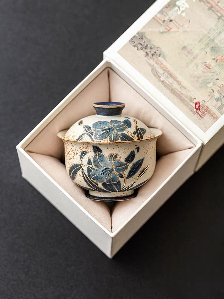 Old Clay Blue-and-White Volcanic Stone Style Caramel Glaze Gaiwan with Hand-Painted Daffodils Design