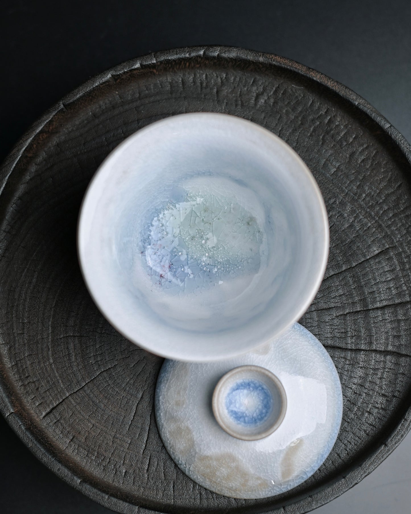 Unique crystalline glaze small gaiwan, blueish-white with crackling patterns, ideal for single-hand use
