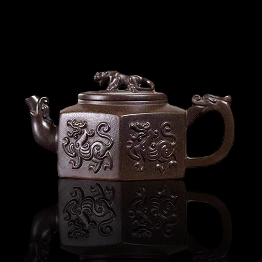 Yixing Zisha Original Ore Bronze Clay Handmade “Supreme Tiger Taming Dragon” Hexagonal Teapot