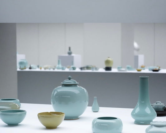 Six Longquan celadon glaze colors in handmade tea ware, including Plum Green, Fenqing, Moon White, and Tea Green