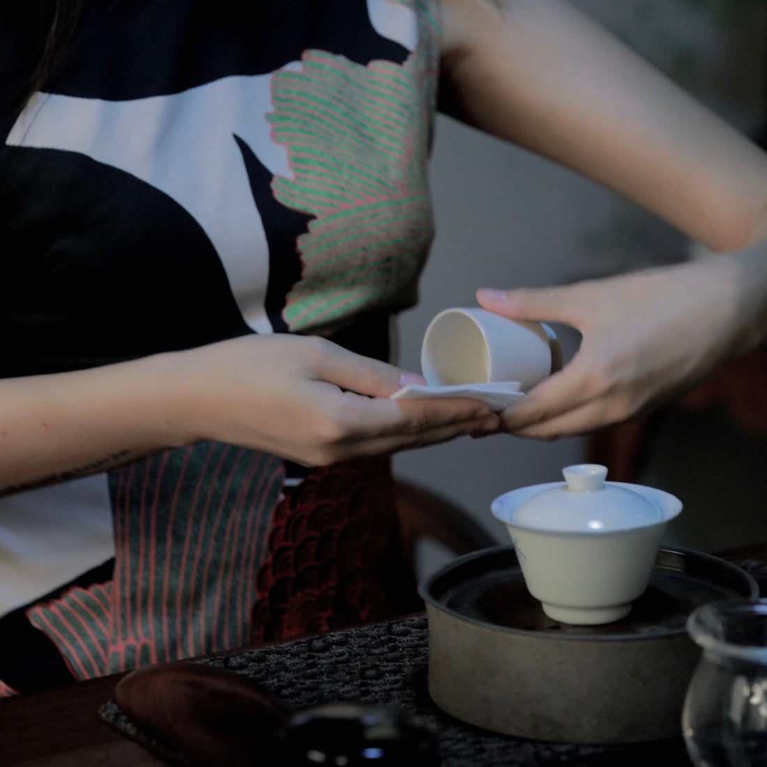 Phoenix Dancong oolong tea leaves gently warmed to awaken their natural floral aroma before brewing.