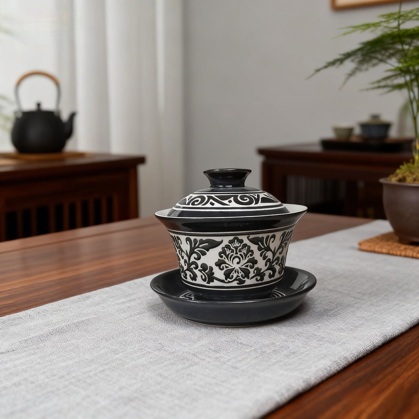 Cizhou Ware Hand-Painted Peony And Lotus Scroll Gaiwan 160ml