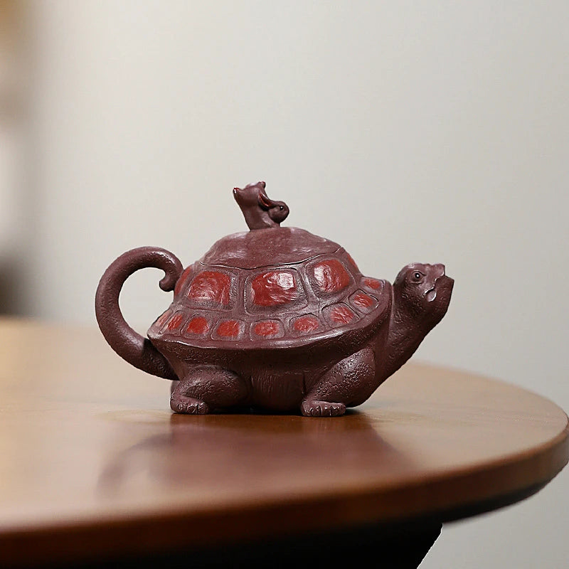Yixing Zisha Handmade “Longevity Turtle” Teapot with Jade Rabbit Lid