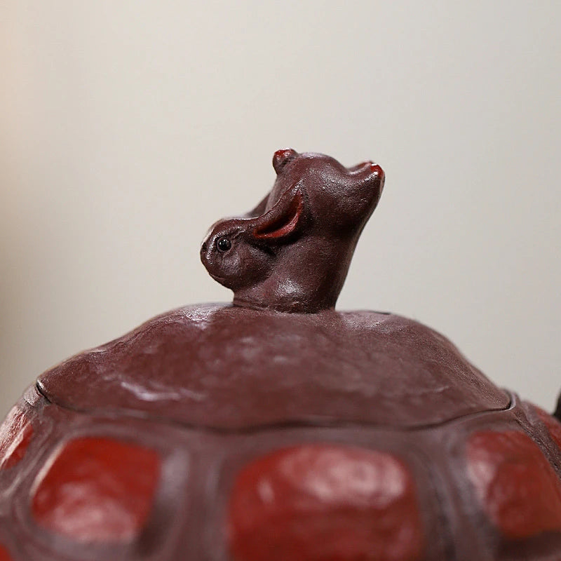 Yixing Zisha Handmade “Longevity Turtle” Teapot with Jade Rabbit Lid
